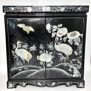 Vintage Chinese Mother of Pearl Inlay Jewelry Cabinet Lacquer Crane Box